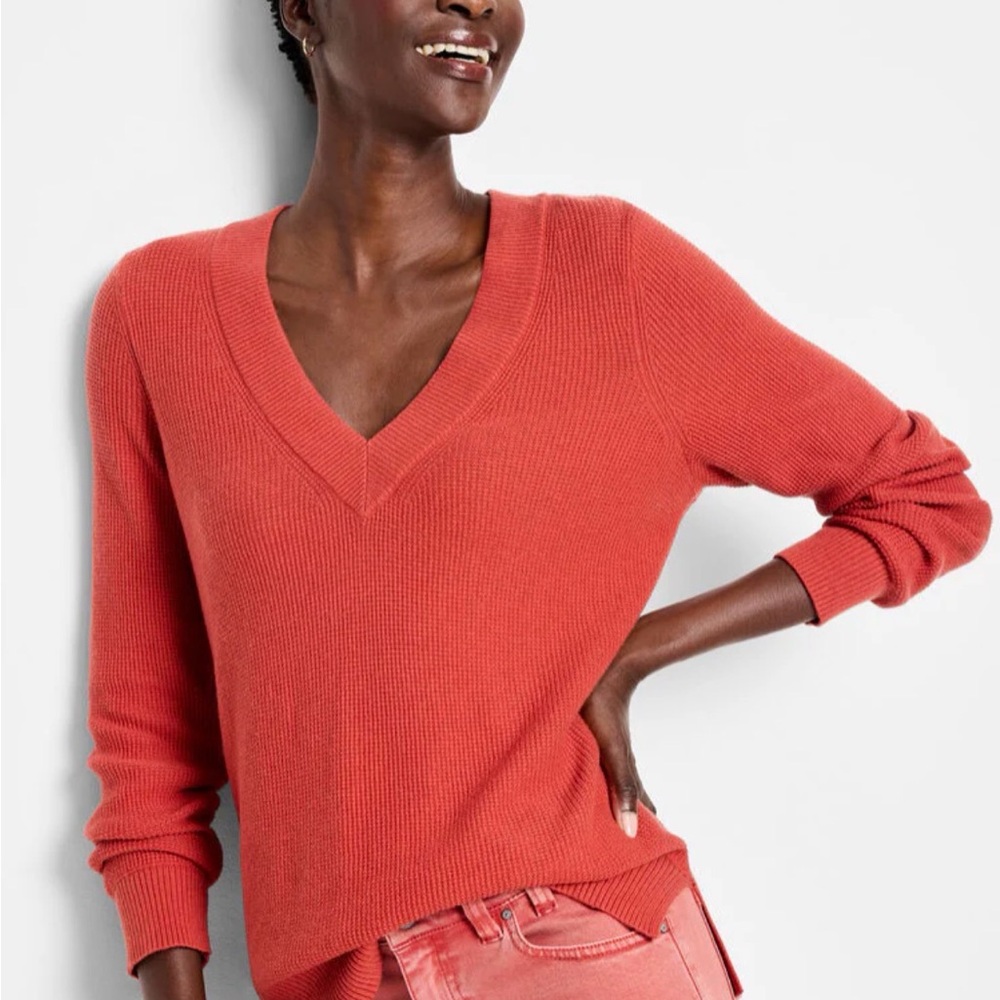NIC+ZOE Sweater V-Neck Pull Over Waffle Long Sleeve Warm Top Red Rust Women XL